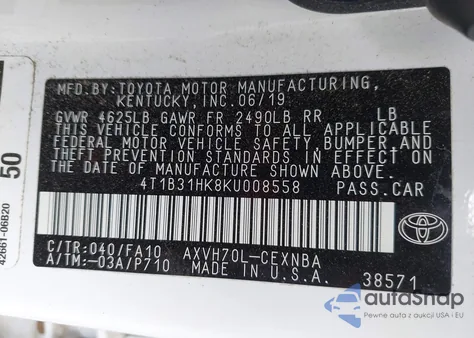 2019 Toyota Camry Hybrid Le from USA, damaged, VIN 4T1B31HK8KU008558